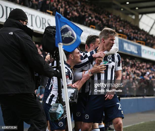 Millwall's Steve Morison celebrates his goal during The Emirates FA Cup - Fourth Round match between Millwall against Watford at The Den on 29th Jan...