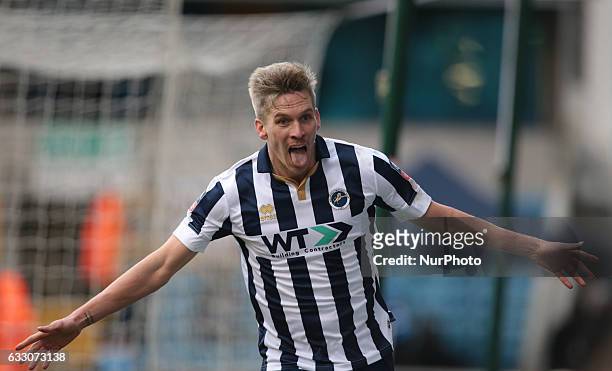 Millwall's Steve Morison celebrates his goal during The Emirates FA Cup - Fourth Round match between Millwall against Watford at The Den on 29th Jan...