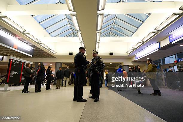 City, Airport and Law Enforcement representatives discus plans for safe return of the thousands who turned out for a January 29th, 2017 Immigration...