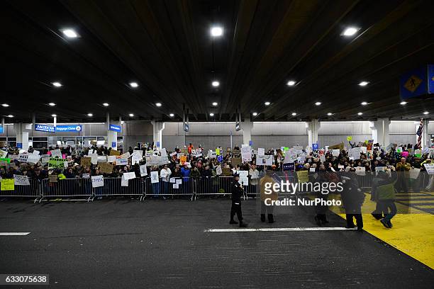 The available space is filled to maximal capacity as hundreds more are flooding in for a January 29th, 2017 Immigration Ban Protest at Philadelphia...