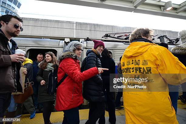 The available space is filled to maximal capacity as hundreds more are flooding in for a January 29th, 2017 Immigration Ban Protest at Philadelphia...