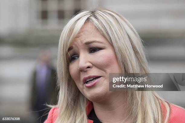 Michelle O'Neill, leader of Sinn Fein, arrives for a meeting with the joint ministerial committee at City Hall on January 30, 2017 in Cardiff, Wales....