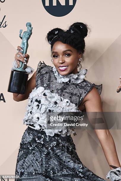 Actor Janelle Monae, co-recipient of the Outstanding Performance by a Cast in a Motion Picture award for 'Hidden Figures', poses in the press room at...