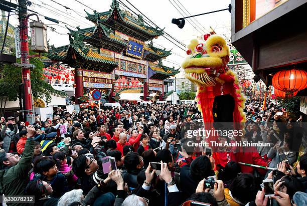 Lion dance is performed to celebrate the Chinese New Year at Yokohama China Town on January 28, 2017 in Yokohama, Kanagawa, Japan.