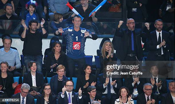 Patrick Bruel, Jean-Luc Reichmann and his wife, Pascal Obispo and his wife Julie Hantson attend the 25th IHF Men's World Championship 2017 Final...