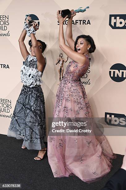 Actors Taraji P. Henson and Janelle Monae, co-recipients of the Outstanding Performance by a Cast in a Motion Picture award for 'Hidden Figures,'...