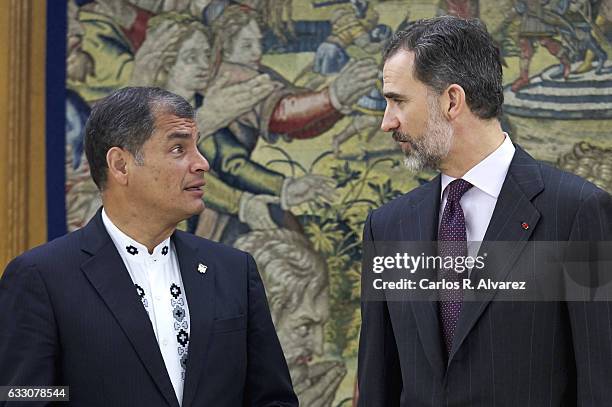 King Felipe VI of Spain receives Ecuador President Rafael Correa at Zarzuela Palace on January 30, 2017 in Madrid, Spain.