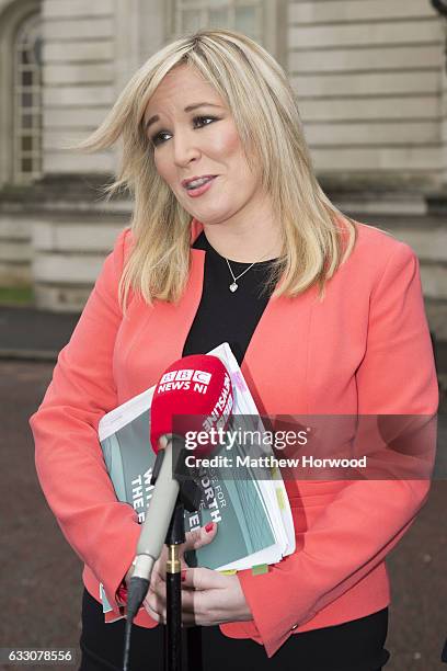 Michelle O'Neill, leader of Sinn Fein, speaks to the press ahead of a meeting with the joint ministerial committee at City Hall on January 30, 2017...