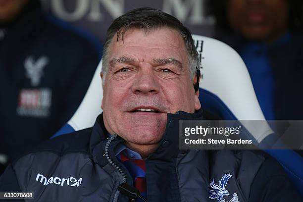 Sam Allardyce, Manager of Crystal Palace looks on prior to the Emirates FA Cup Fourth Round match between Crystal Palace and Manchester City at...