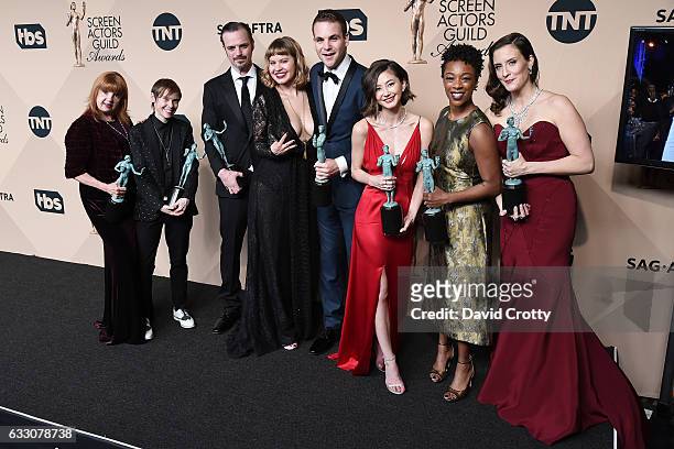 Orange Is the New Black' cast members, winners of the Outstanding Performance by an Ensemble in a Comedy Series award, pose in the press room at the...
