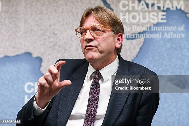 Guy Verhofstadt, Brexit negotiator for the European Parliament, gestures while speaking at Chatham House in London, U.K., on Monday, Jan. 30, 2017....