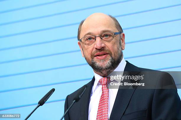 Martin Schulz, the Social Democrat Party candidate for German Chancellor, speaks during a news conference at the SPD headquarters in Berlin, Germany,...