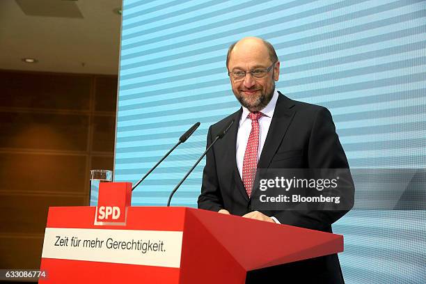 Martin Schulz, the Social Democrat Party candidate for German Chancellor, pauses while speaking during a news conference at the SPD headquarters in...