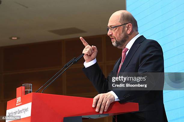 Martin Schulz, the Social Democrat Party candidate for German Chancellor, gestures while speaking during a news conference at the SPD headquarters in...