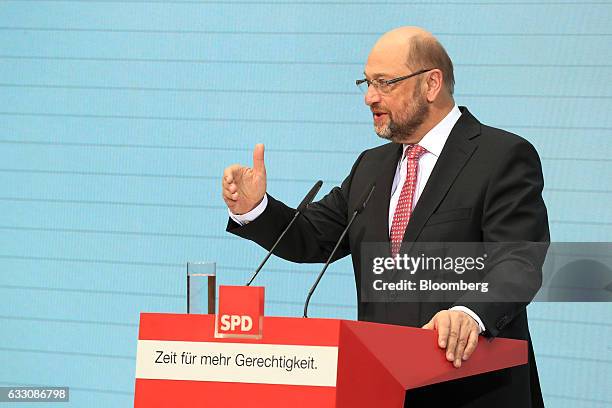 Martin Schulz, the Social Democrat Party candidate for German Chancellor, gestures while speaking during a news conference at the SPD headquarters in...