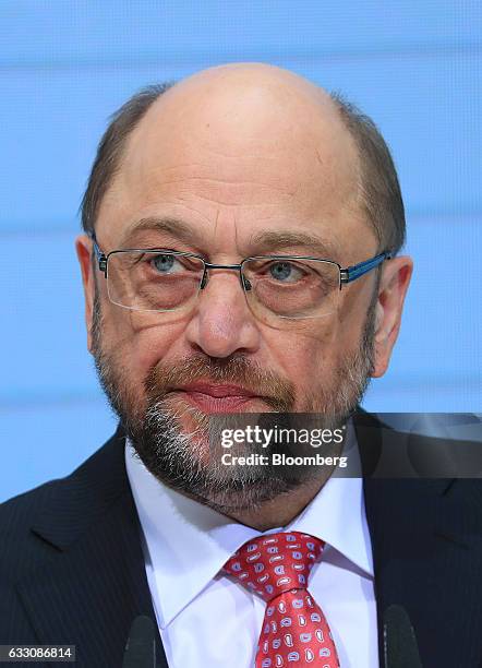 Martin Schulz, the Social Democrat Party candidate for German Chancellor, pauses while speaking during a news conference at the SPD headquarters in...