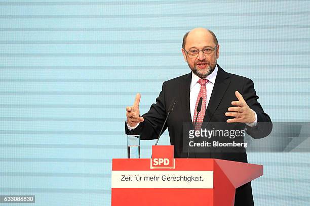 Martin Schulz, the Social Democrat Party candidate for German Chancellor, gestures while speaking during a news conference at the SPD headquarters in...