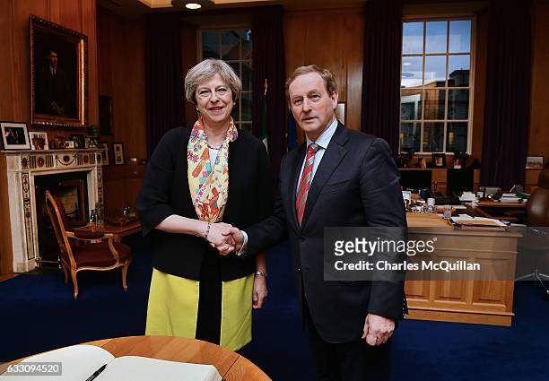 British Prime Minister Theresa May is greeted by Irish Taoiseach Enda Kenny at Government Buildings on January 30, 2017 in Dublin, Ireland. Brexit is...