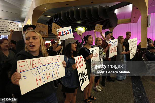 People continue to protest President TrumpÃ¢â¬â¢s travel ban at the Tom Bradley Terminal at LAX on January 29, 2017 in Los Angeles, California....