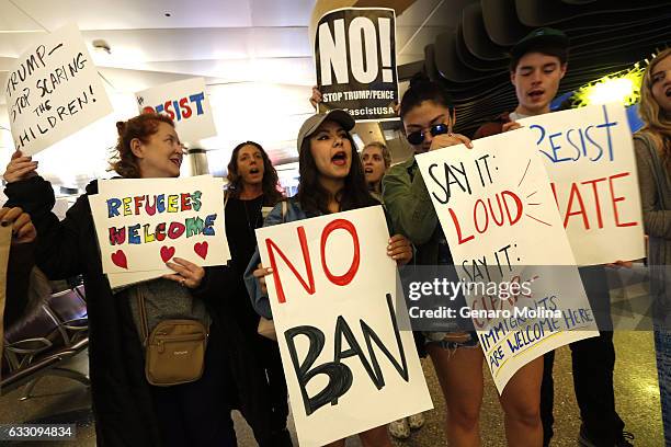 People continue to protest President Trump's travel ban at the Tom Bradley Terminal at LAX on January 29, 2017 in Los Angeles, California. Trump's...