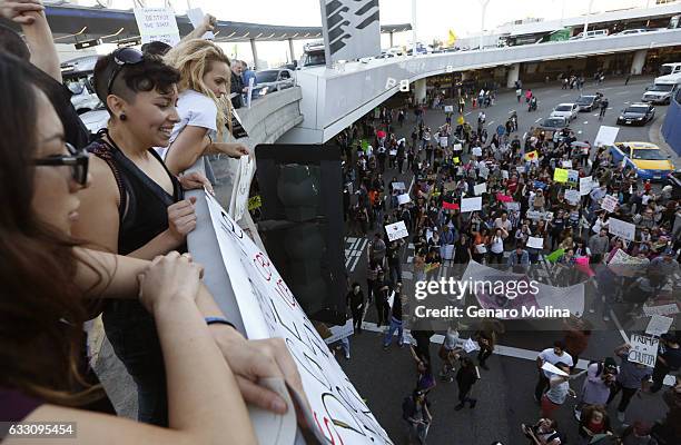 Protesters take over the road on the lower deck of the Tom Bradley International Terminal at LAX on January 29, 2017 in Los Angeles, California.