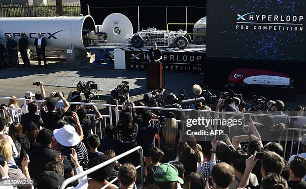 SpaceX CEO Elon Musk speaks during the SpaceX Hyperloop competition in Hawthorne, California on January 29, 2017.Students from 30 colleges and...
