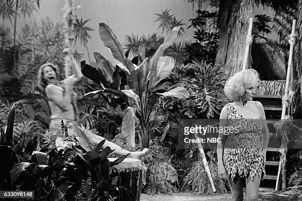 Pictured: Host Johnny Carson as Tarzan and actress Betty White as Jane during the 'Tarzan and the Apes" skit on August 14, 1981 --