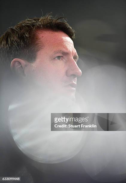Daniel Stendel, head coach of Hannover looks on during the Second Bundesliga match between Hannover 96 and 1. FC Kaiserslautern at HDI-Arena on...