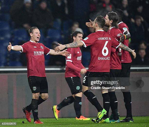 Uffe Manich Bech of Hannover celebrates scoring his goal during the Second Bundesliga match between Hannover 96 and 1. FC Kaiserslautern at HDI-Arena...