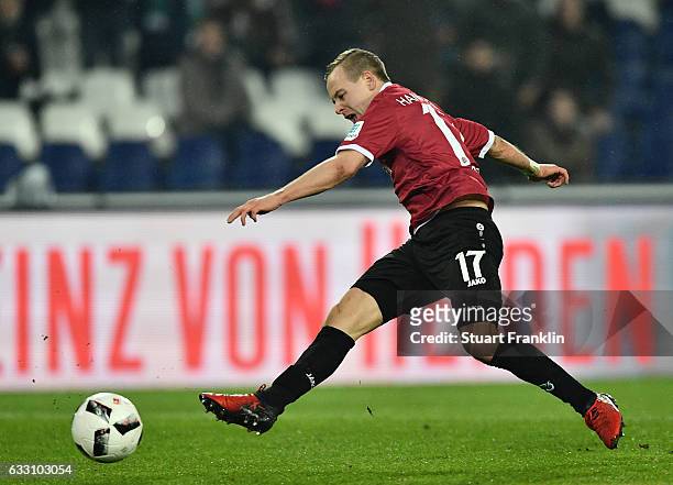 Uffe Manich Bech of Hannover scores his goal during the Second Bundesliga match between Hannover 96 and 1. FC Kaiserslautern at HDI-Arena on January...
