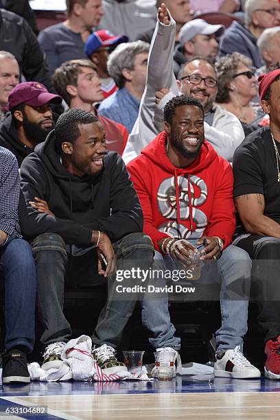 Rapper, Meek Mill and Comedian, Kevin Hart watch the Houston Rockets game against the Philadelphia 76ers at Wells Fargo Center on January 27, 2017 in...