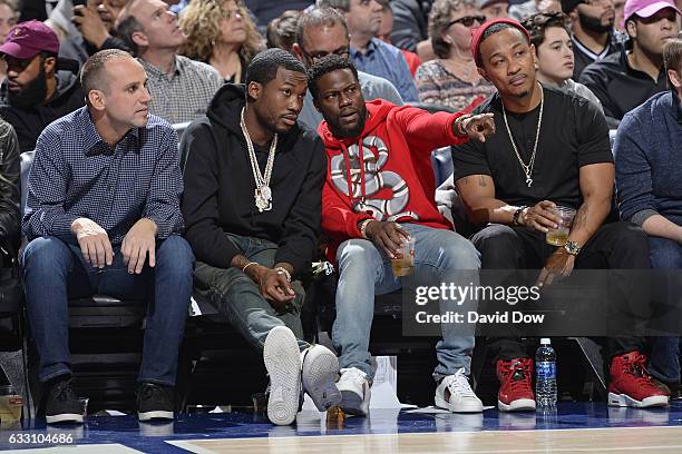 Rapper, Meek Mill and Comedian, Kevin Hart watch the Houston Rockets game against the Philadelphia 76ers at Wells Fargo Center on January 27, 2017 in...