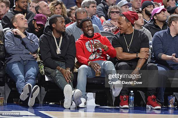 Rapper, Meek Mill and Comedian, Kevin Hart watch the Houston Rockets game against the Philadelphia 76ers at Wells Fargo Center on January 27, 2017 in...