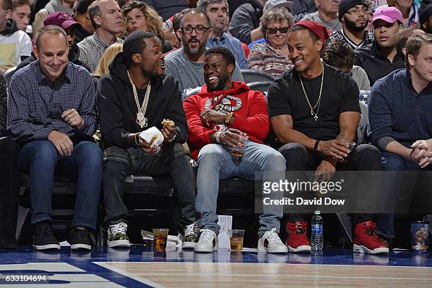 Rapper, Meek Mill and Comedian, Kevin Hart watch the Houston Rockets game against the Philadelphia 76ers at Wells Fargo Center on January 27, 2017 in...