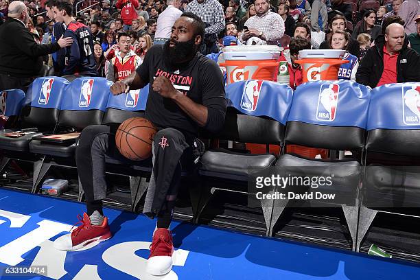 James Harden of the Houston Rockets dances on the bench before the game against the Philadelphia 76ers at Wells Fargo Center on January 27, 2017 in...