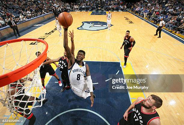 James Ennis of the Memphis Grizzlies drives to the basket and shoots the ball against the Toronto Raptors on January 25, 2017 at FedExForum in...