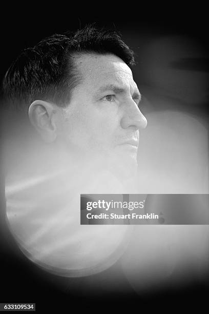 Daniel Stendel, head coach of Hannover looks on during the Second Bundesliga match between Hannover 96 and 1. FC Kaiserslautern at HDI-Arena on...