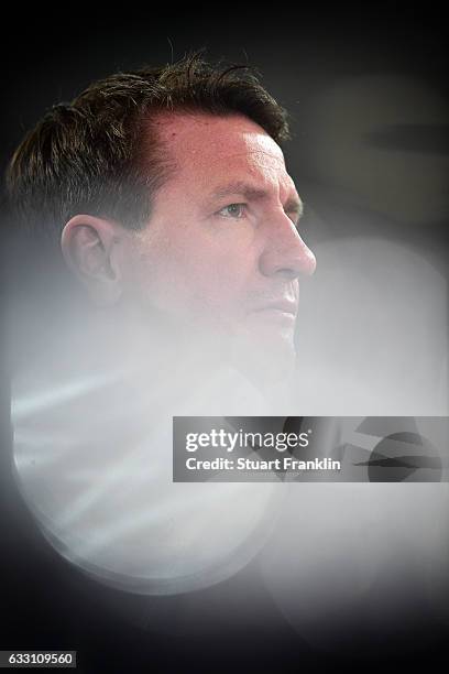 Daniel Stendel, head coach of Hannover looks on during the Second Bundesliga match between Hannover 96 and 1. FC Kaiserslautern at HDI-Arena on...