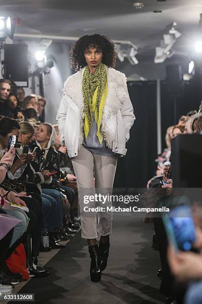 Model walks the runway at the J. Lindeberg show during the Stockholm Fashion Week Autumn/Winter 2017 at the J. Lindeberg store on January 30, 2017 in...