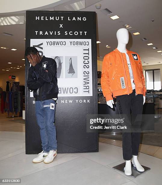 Travis Scott appears at Barneys New York in Beverly Hills to view his Helmut Lang X Travis Scott collection at Barneys New York on January 30, 2017...