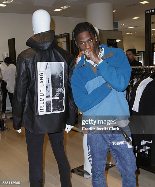 Travis Scott appears at Barneys New York in Beverly Hills to view his Helmut Lang X Travis Scott collection at Barneys New York on January 30, 2017...