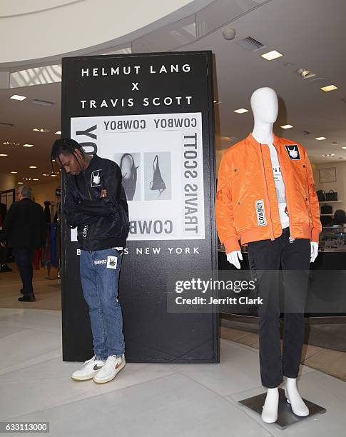 Travis Scott appears at Barneys New York in Beverly Hills to view his Helmut Lang X Travis Scott collection at Barneys New York on January 30, 2017...