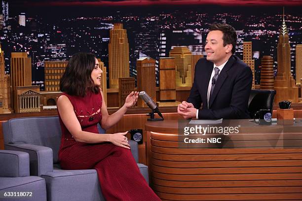 Episode 0613 -- Pictured: Actress Vanessa Hudgens during an interview with host Jimmy Fallon on January 30, 2017 --