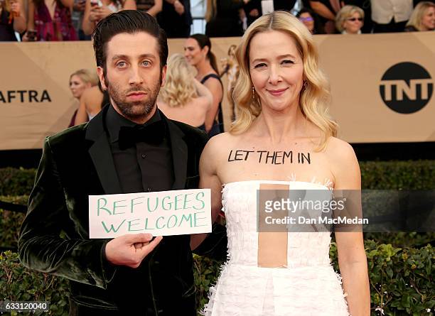 Actors Simon Helberg and Jocelyn Towne arrive at the 23rd Annual Screen Actors Guild Awards at The Shrine Expo Hall on January 29, 2017 in Los...