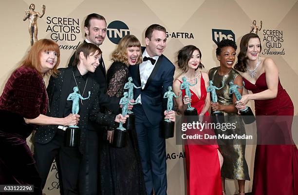 Abigail Savage, James McMenamin, Emily Althaus, Alan Aisenberg, Kimiko Glenn, Samira Wiley, and Julie Lake poses in the press room with their award...