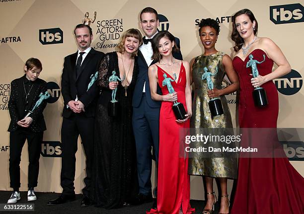 Abigail Savage, James McMenamin, Emily Althaus, Alan Aisenberg, Kimiko Glenn, Samira Wiley, and Julie Lake poses in the press room with their award...