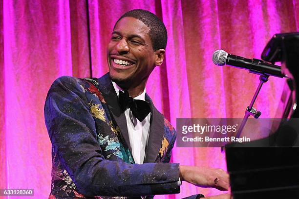 Musician Jon Batiste performs onstage during the National CARES Mentoring Movements 2nd Annual 'For the Love of Our Children' Gala at Cipriani 42nd...