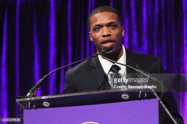 Teonte Miller speaks onstage during the National CARES Mentoring Movements 2nd Annual 'For the Love of Our Children' Gala at Cipriani 42nd Street on...