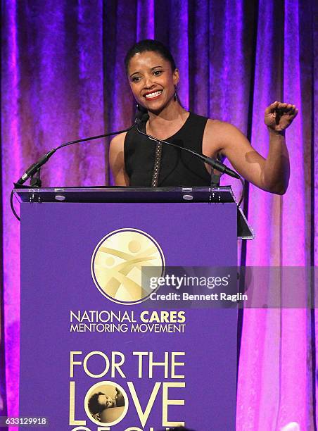 Actress Renee Elise Goldsberry waits speaks onstage during the National CARES Mentoring Movements 2nd Annual 'For the Love of Our Children' Gala at...