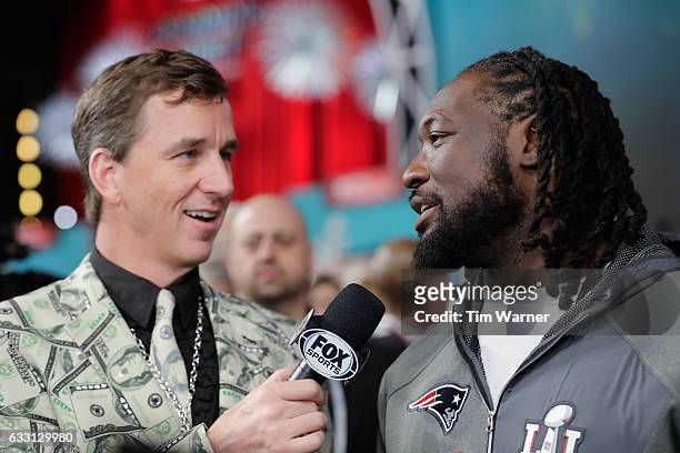Cooper Manning interviews LeGarrette Blount of the New England Patriots Super Bowl 51 Opening Night at Minute Maid Park on January 30, 2017 in...
